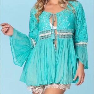 ranees lace boho top Aqua blue Cover Up Sexy Sz M